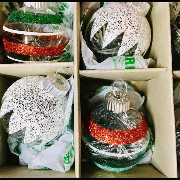12 Christmas Radko Clear Glass Ball Ornaments Tinsel & Snow Glitter Stripes - Picture 4 of 9
